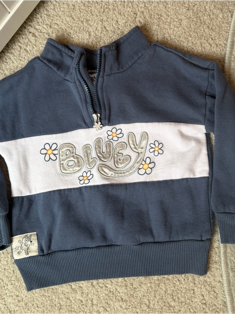 Bluey-Navy Blue Kids' Pullover with White Stripe and Daisy Accents